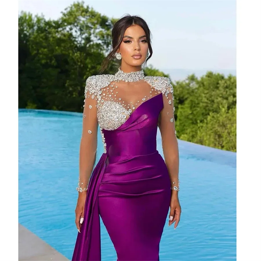 Sexy Mermaid Rhinestones Satin Crystals Evening Gowns For Women Proms High Neck Illusion Custom Made Robes De Soirée