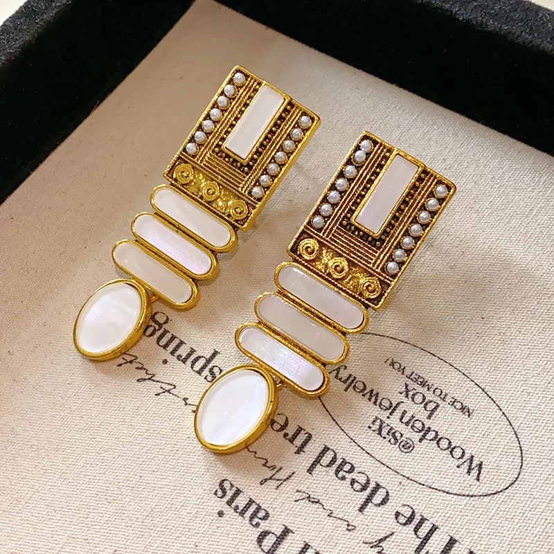 New White Square Oval Resin Artificial Imitation Pearl Geometric Dangle Earring Women Vintage Silver Needle Fashion Jewelry K-