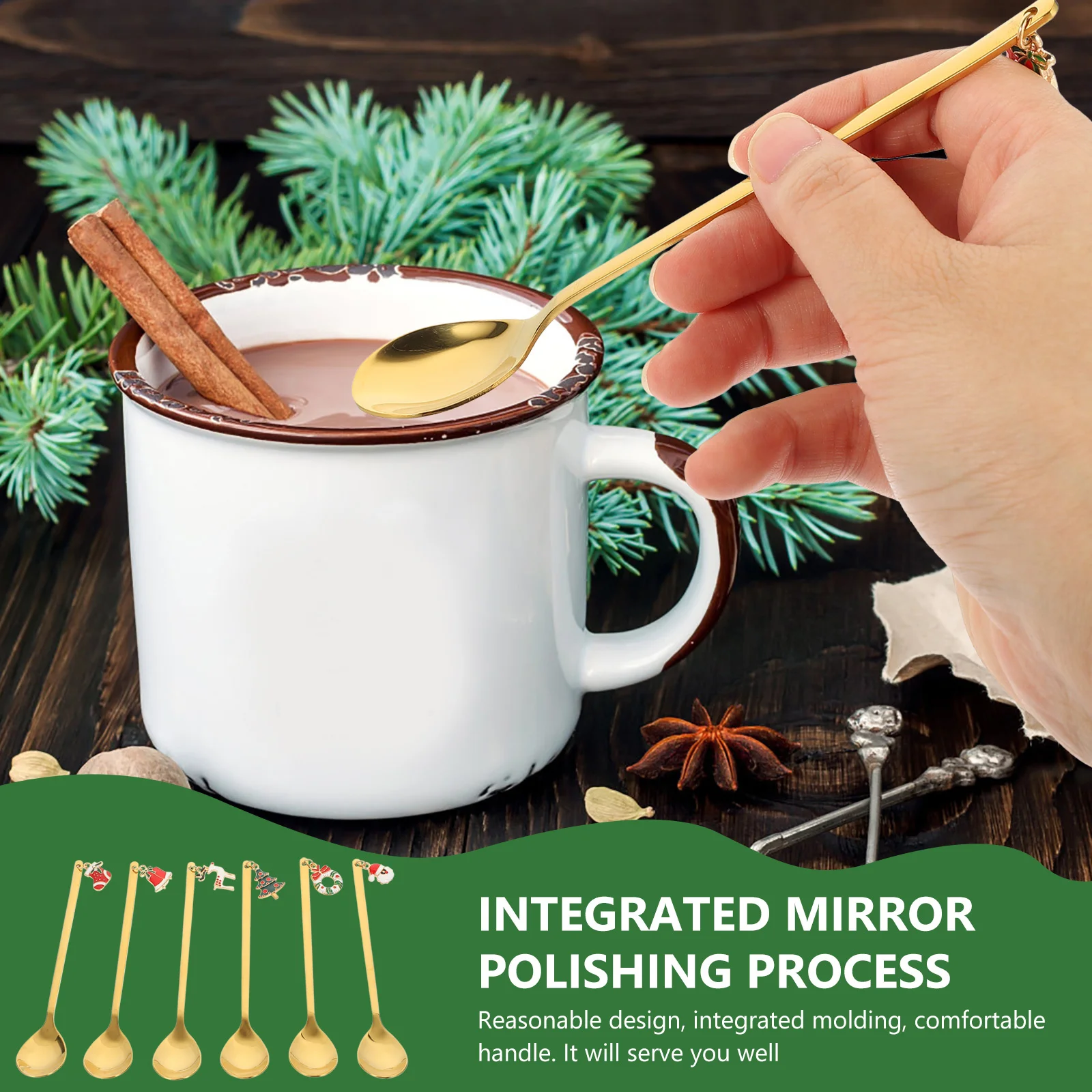 1 مجموعة القهوة اثارة ملعقة الفولاذ المقاوم للصدأ سطح أملس مقبض مريح عيد الميلاد تصميم الغذاء مغرفة للحلوى