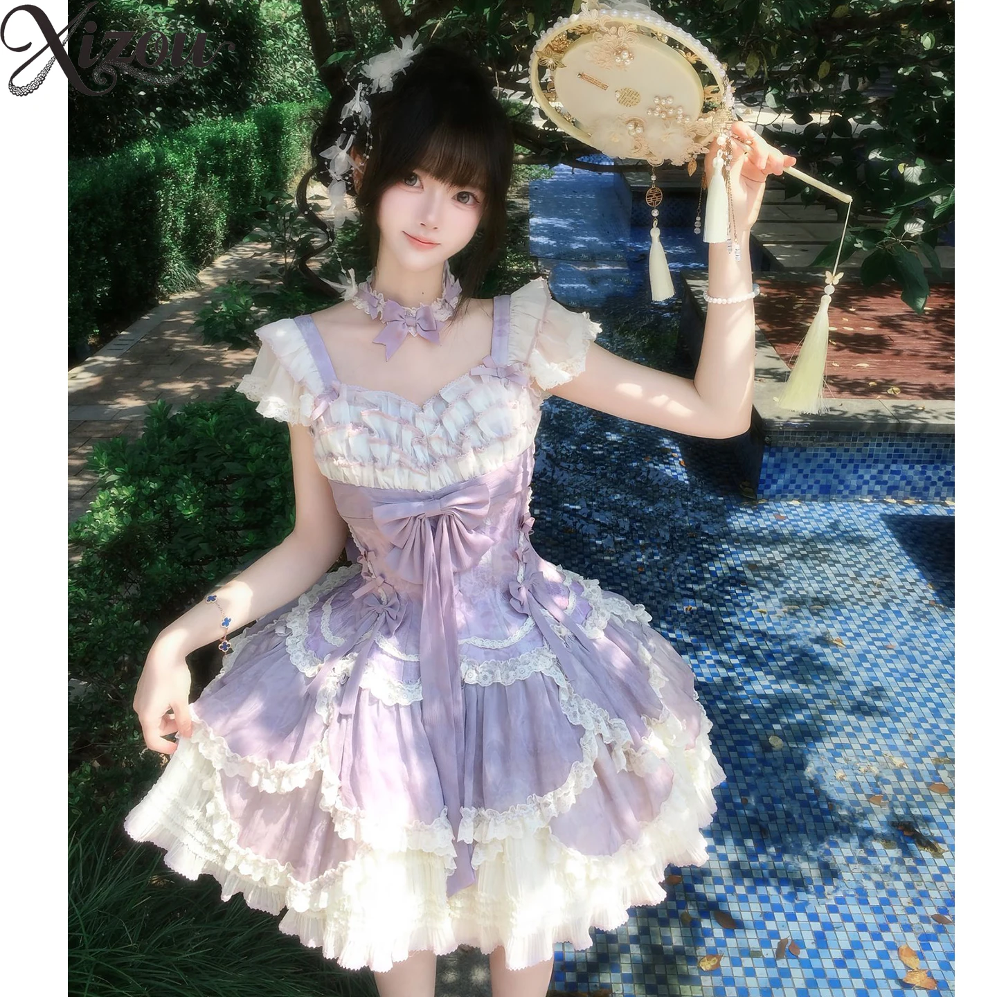 الحلو الباليه لوليتا JSK فستان المرأة الأرجواني دمية ساحة الرقبة تحلق الأكمام مقوس دانتيل رقيق كشكش كعكة الأميرة عيد ميلاد الزفاف #3