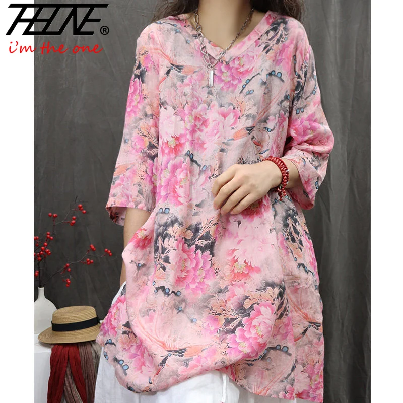 

THHONE Fashion New Summer Woman Blouse 2025 Floral Pullover V-Neck Print 3/4 Sleeves Korean Style Elegant Vintage Loose Shirts