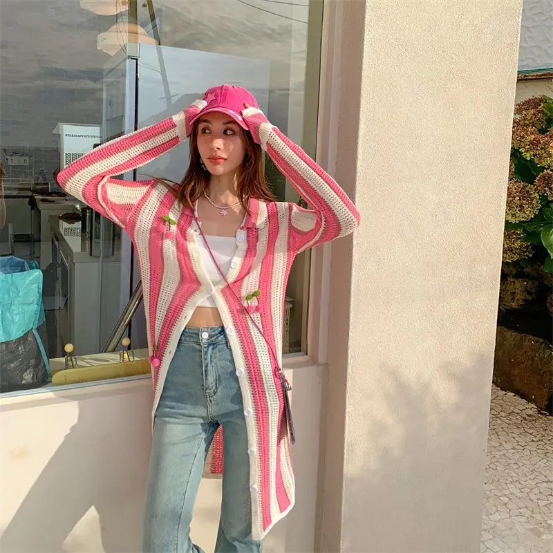 Kurtka damska Hollow Out 2024 Summer New Fashion Korean Striped Thin Full Sleeve Long Coat Spring Autumn Sunscreen