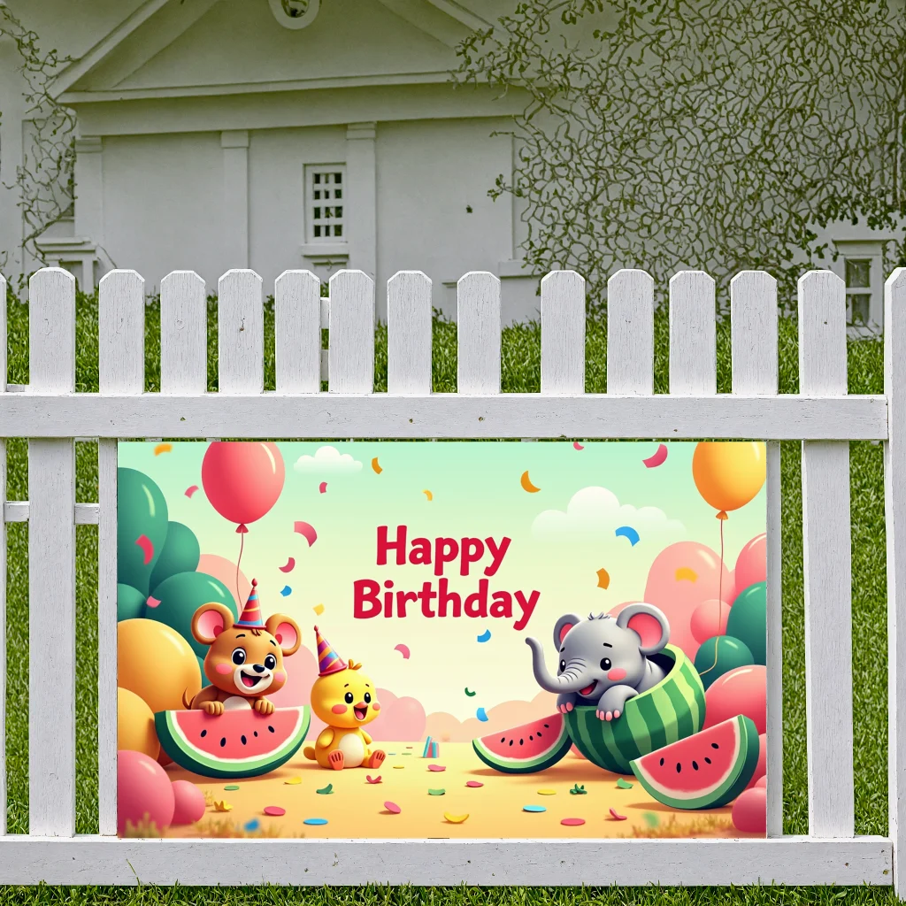 Kids Birthday Banner Backdrop Decoration Playful Animal Cartoon Design Celebration Banner Colorful Balloon Confetti Background