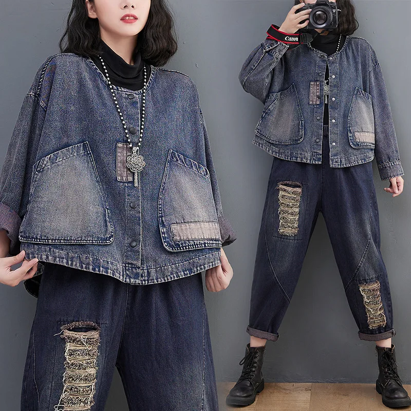 

Faionable Ripped Denim Jaet Women Loose Fit with Big kets round Ne ort Coat Casual Sle Cotton And Other Materials