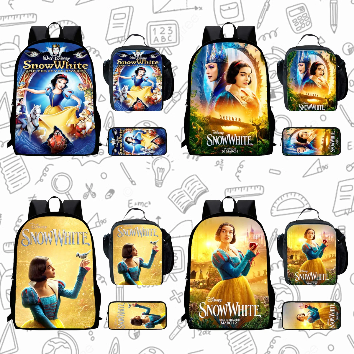 

Cartoon Snow White Child School Backpack With Lunch Bags Pencil Bags For Age 4-9 ,Light Weight School Bags For Boys Girls