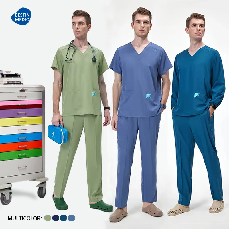 Butter-Soft Stretch Men's Scrub Set V-Neck Top Drawstring Pant Clinic Doctor Uniforms Medical Staff Workwear Dental Clothes S12