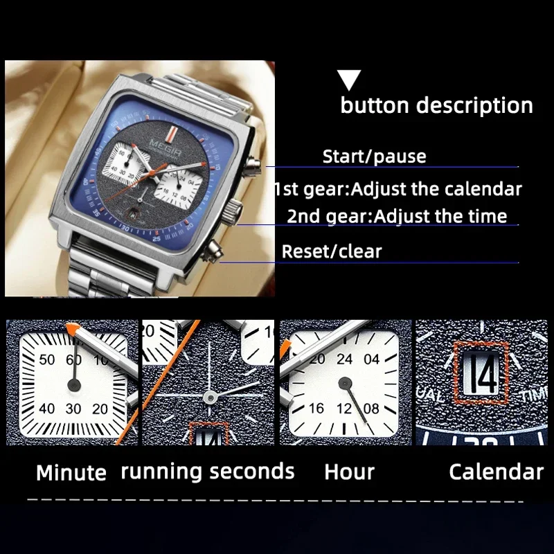 Reloj MEGIR de cuarzo con cronógrafo y esfera cuadrada para hombre, correa de acero inoxidable, reloj de pulsera deportivo a la moda, manecillas luminosas con fecha, 24 horas