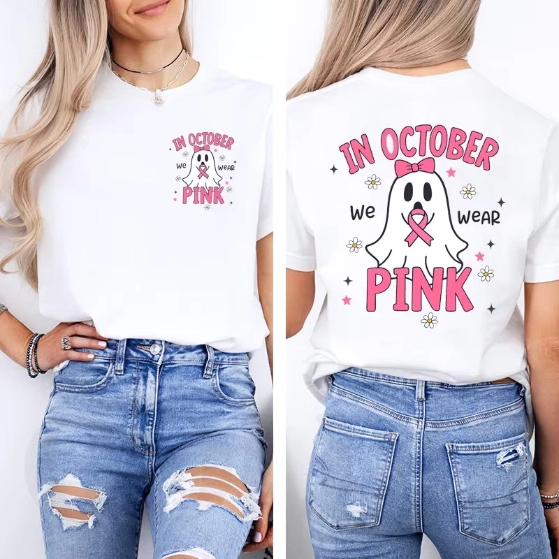 Im Oktober tragen wir rosa: T-Shirt mit grafischem Aufdruck zur Sensibilisierung für Brustkrebs, lässige Oberteile, Halloween, rosa Geister, Damenmode – Detail 20