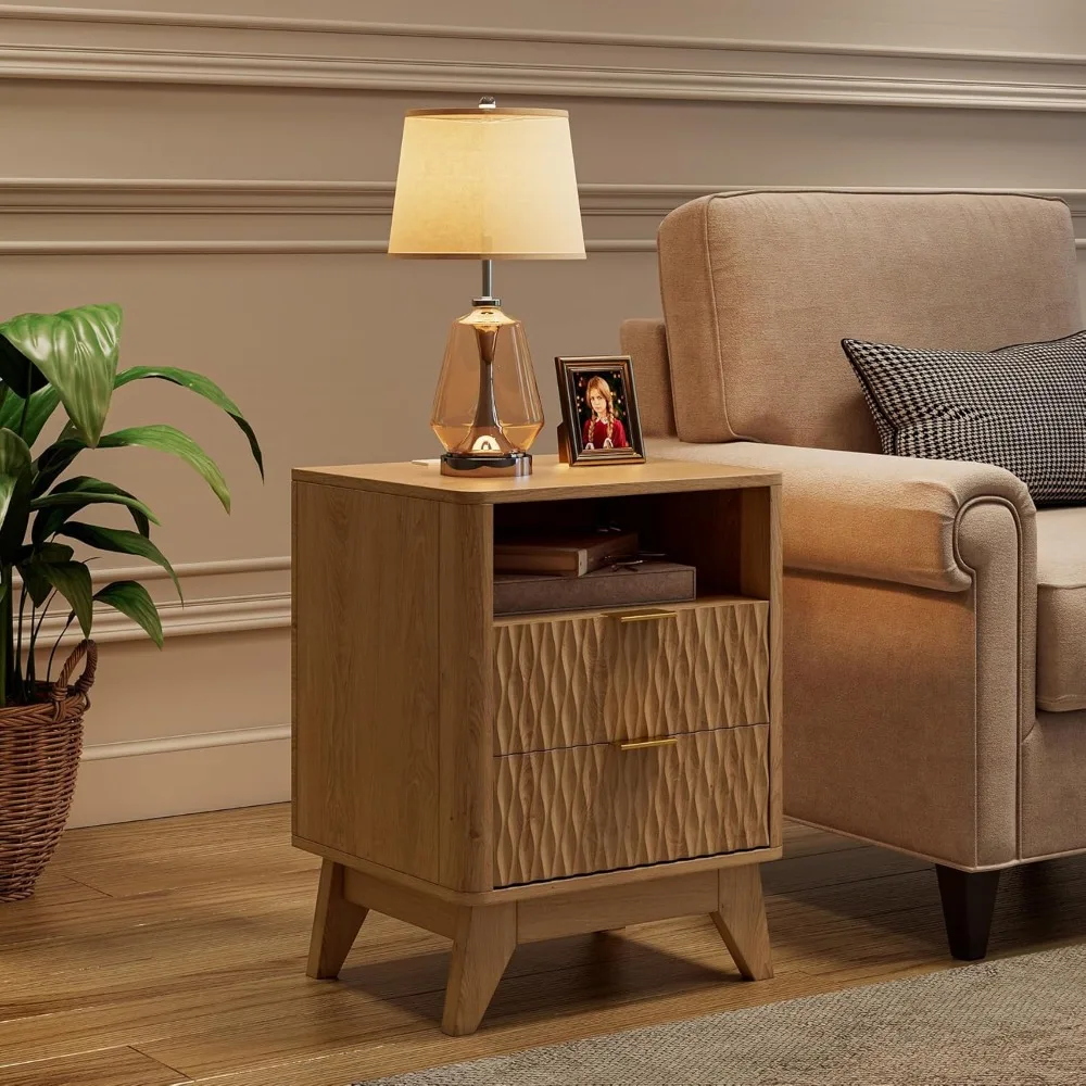 

Fluted Nightstand with Charging Station, 18" Modern End Table with Storage Drawers, Bedside Table for Bedroom