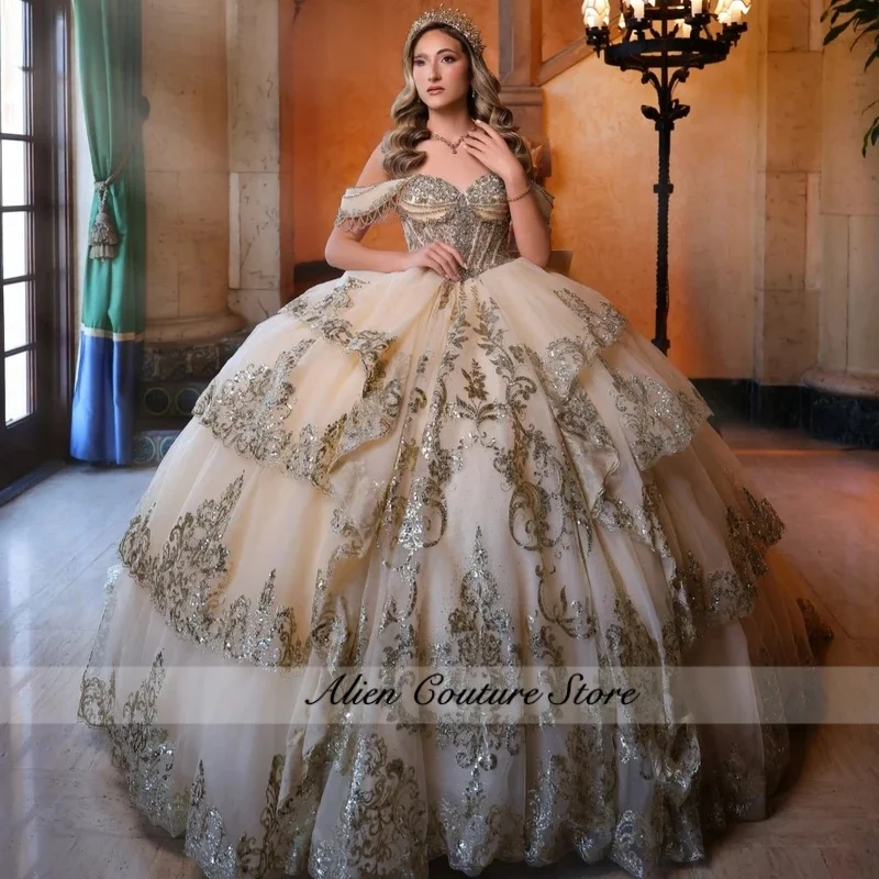 Customized Sparkly Champagne Quinceanera Dress Ball Gown Lace Applique Beading Tiered Corset Sweet 16 Dress 15 Años