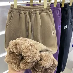 Ocieplony wełna jagnięca polar spodnie zimowe haft modne spodnie dresowe luźne joggery kobiety Y2K casualowe w stylu Streetwear Khaki fioletowy