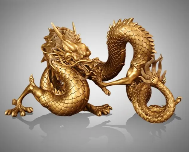 Brass Chinese Feng Shui Auspicious Dragon Statue Lucky Loong Beast Artwork Decor