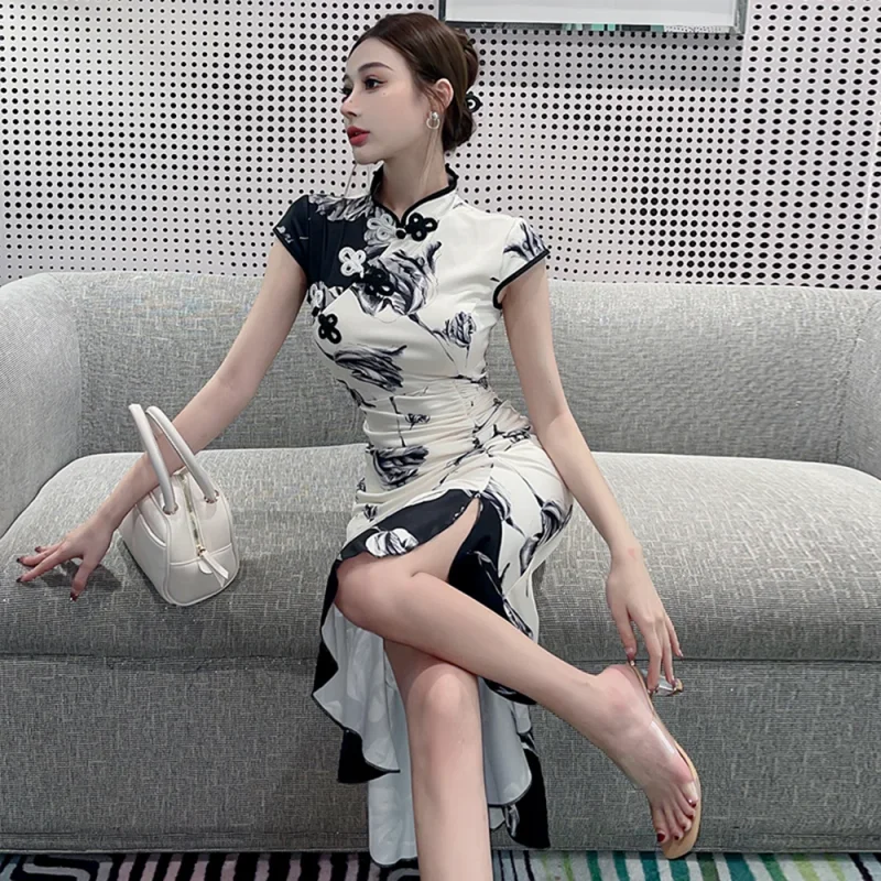 Vestido chino Vintage Sexy sin mangas Mujer Qipao clásico elegante cuello mandarín largo Cheongsam ajustado Split Vestidos Mujer