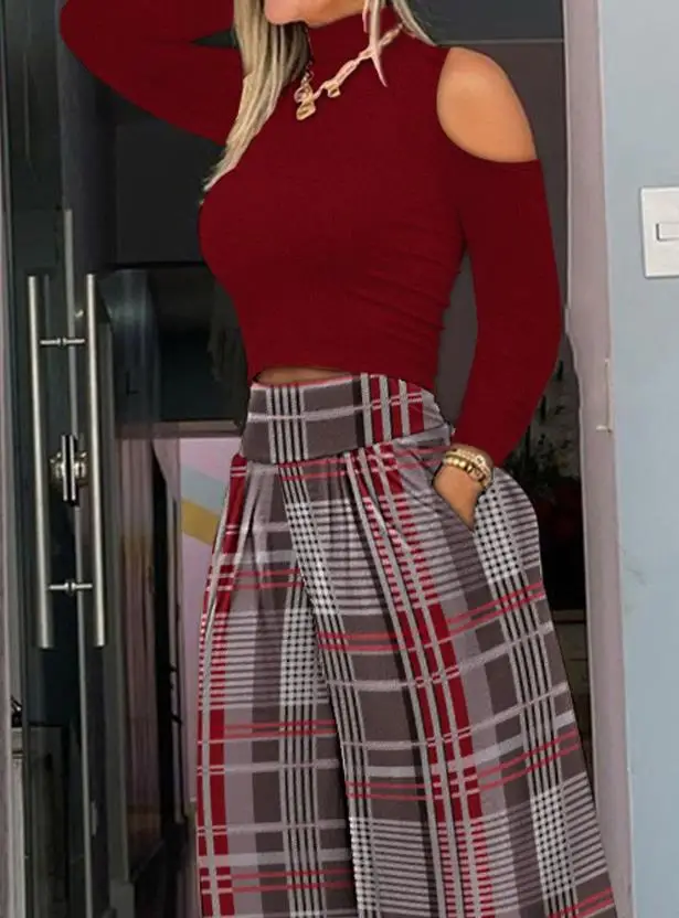 Two Piece Set Women Outfit 2023 Spring Fashion Cold Shoulder Long Sleeve Top & Plaid Print Pocket High Waist Wide Leg Pants Set