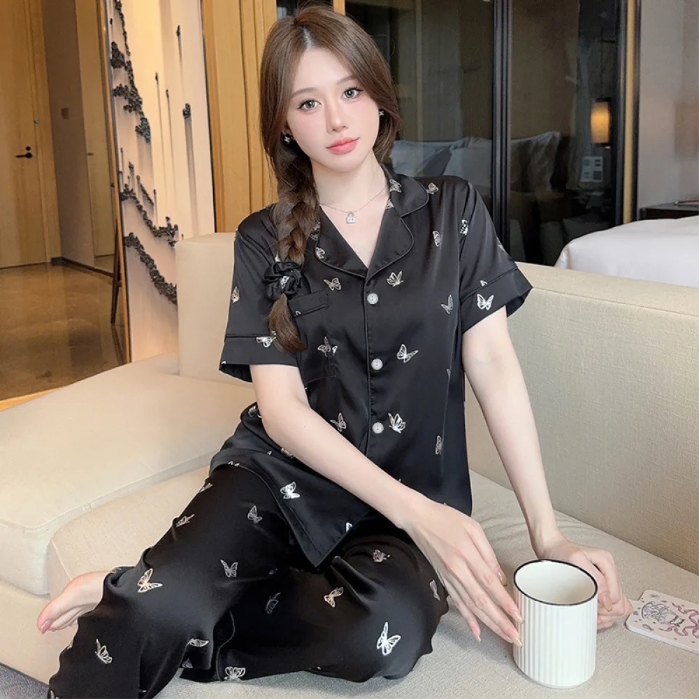 Butterfly Print Pajamas Set for Women Summer Room Wear Setup Satin Silk Pajamas Pajama Sleepwear Loungwear Pants Set Home Suits