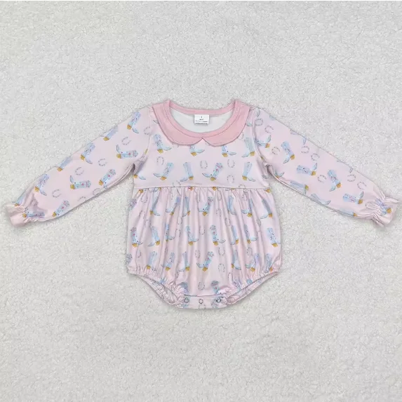 

Sweet Infant Baby Girls Rompers Strap Hats Boots Purple Bow Top Ruffle Rompers Western Fashion Toddler Girls Bubbles Rompers