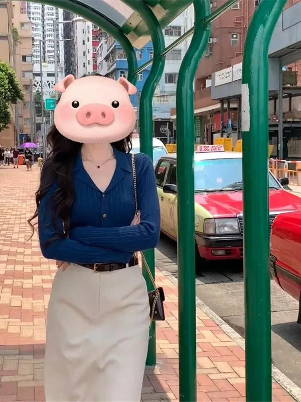 Faionable Blue Sister Set Women's Ele f-length Skirt And Top Ensemble Autumn Casual Sle Long Sve V-ne Button ...