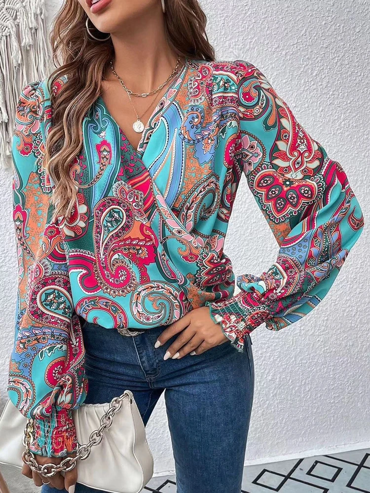 Boho Vintage Print camicetta donna autunno lanterna manica scollo a V camicie pieghettate Office Ladies Casual allentato pullover tinta unita Top