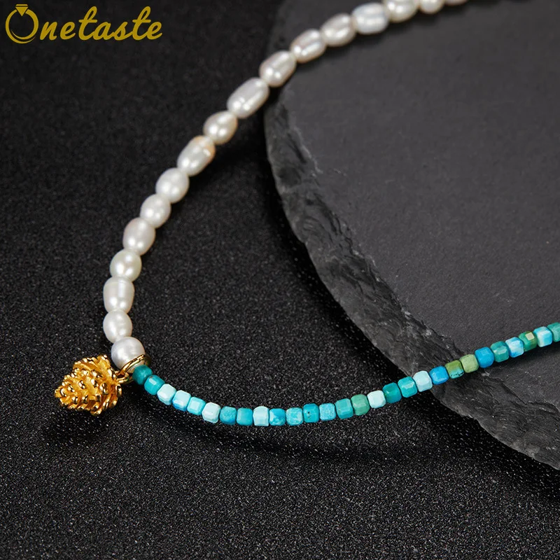 

Turquoise Pearl Mixed Beaded Strand Necklace Women 925 Silver Cute Pinecone Charm Unique Fashion Stack Chokers Necklaces Gift