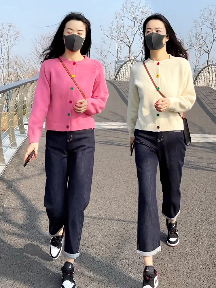 

Весенний корейский круглый вязаный открытый кардиган, женский свободный розовый свитер, джет, модная и молодежная верхняя одежда