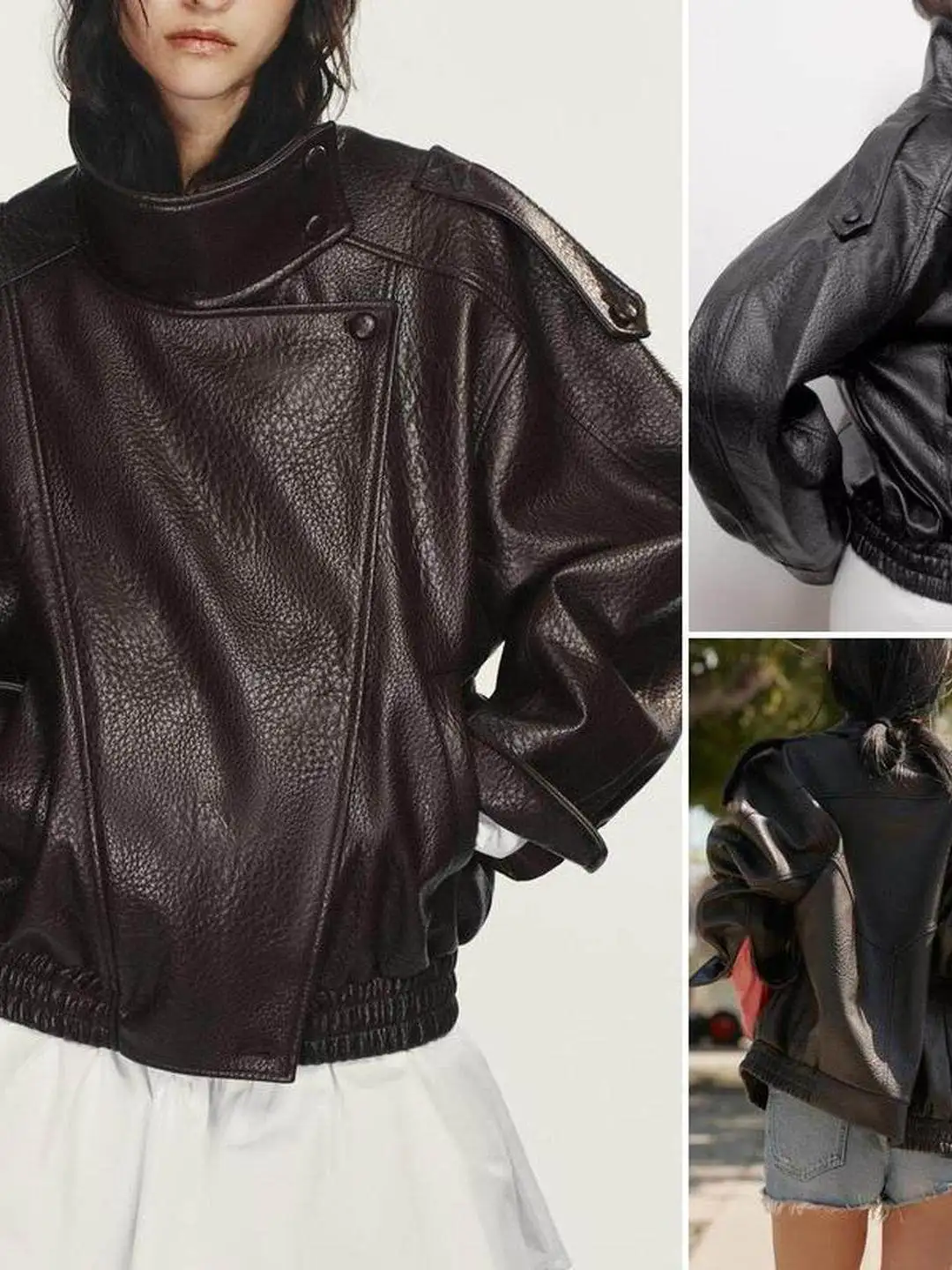 Casual Style Stand Collar Faux Leather Jacket Women's Loose Fit Long Sleeve Zipper Closure Bright Surface Regular Length