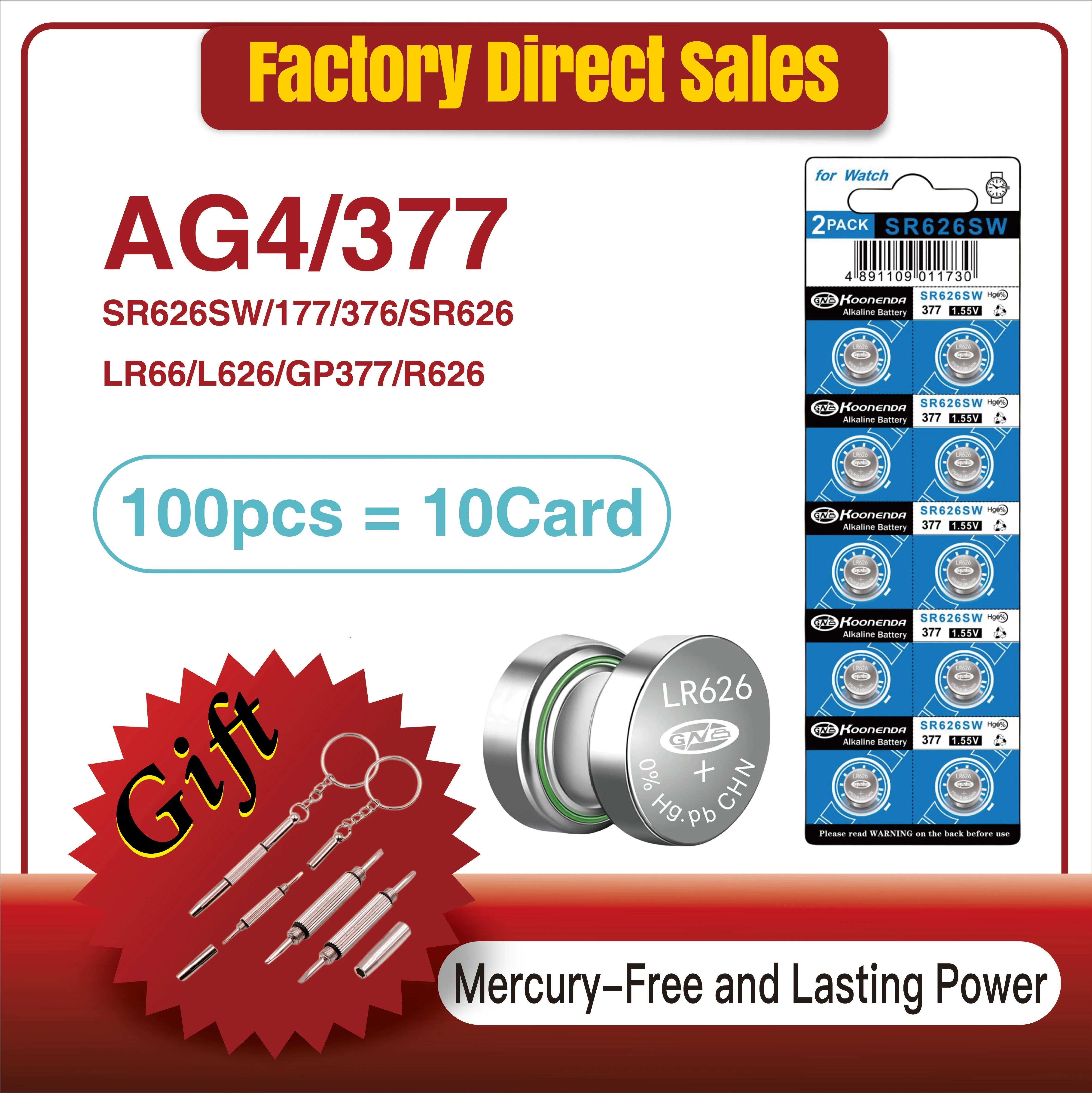 100PCS SR626SW LR626 AG4 Button Batteries LR66 377 377A 1.5V Alkaline Button Pilas Battery For Watch Toys Car Remote Coin Cell