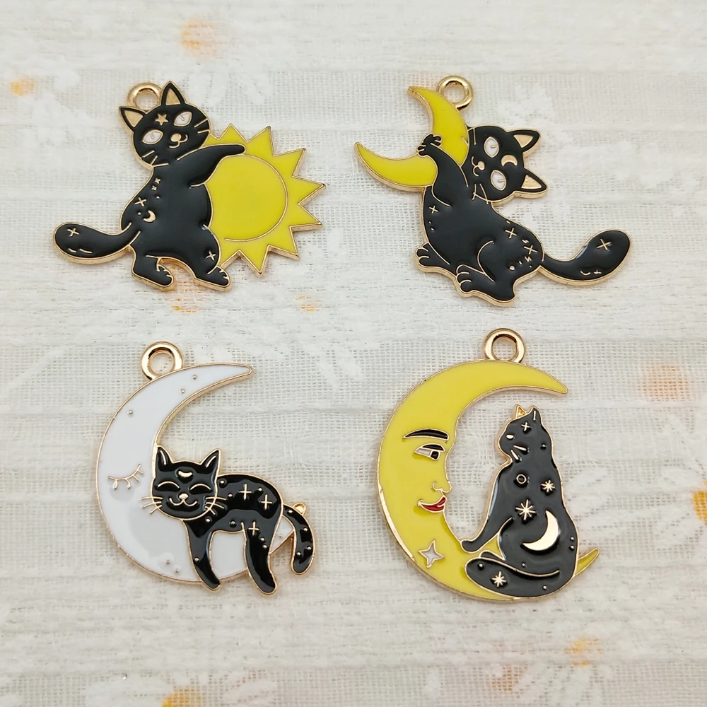 10pcs Sun Moon Cat Charms for Jewelry Making Enamel Necklace Keychain Phone Pendant Diy Accessories Alloy Metal Gold Plated