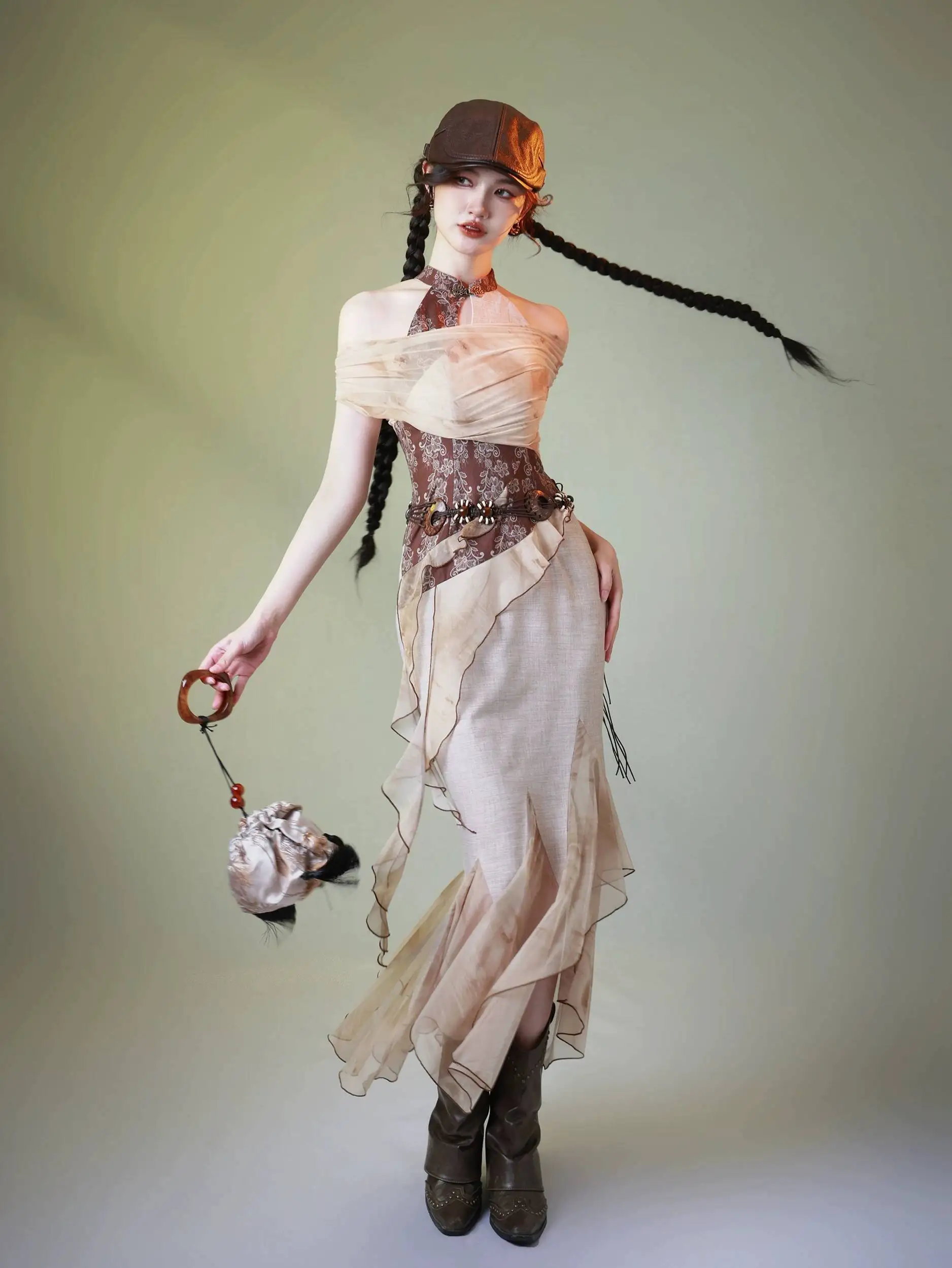New The Hill Of Freedom Around The Neck Off-the-shoulder Art Birthday Evening Dress Brown Cheongsam Fish Tail Long Skirt