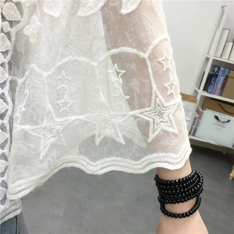 2024 Flare Sleeve Embroidery Lace White Blouse Woman Summer Elegant Women Shirt Casual O-neck Tops Blusas Female Clothing 25897