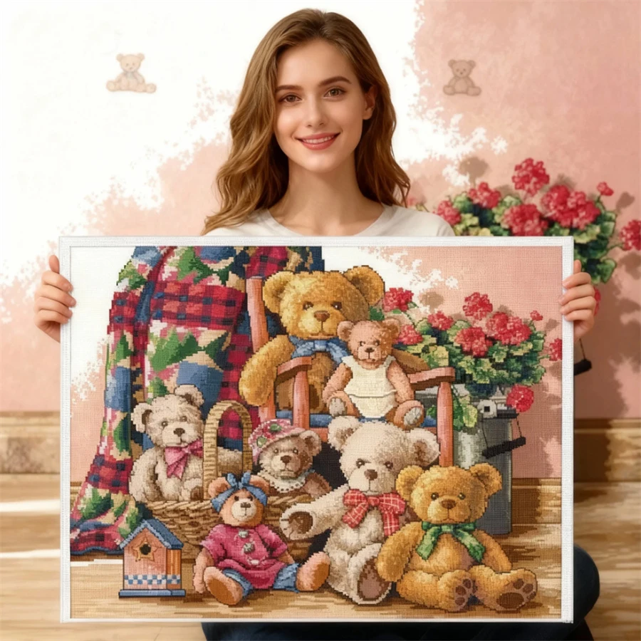 

Bear Family Cartoon Toy Painting Printed On Canvas 11CT Chinese Cross Stitch Kit Embroider Needlework Home Decor Craft Gift