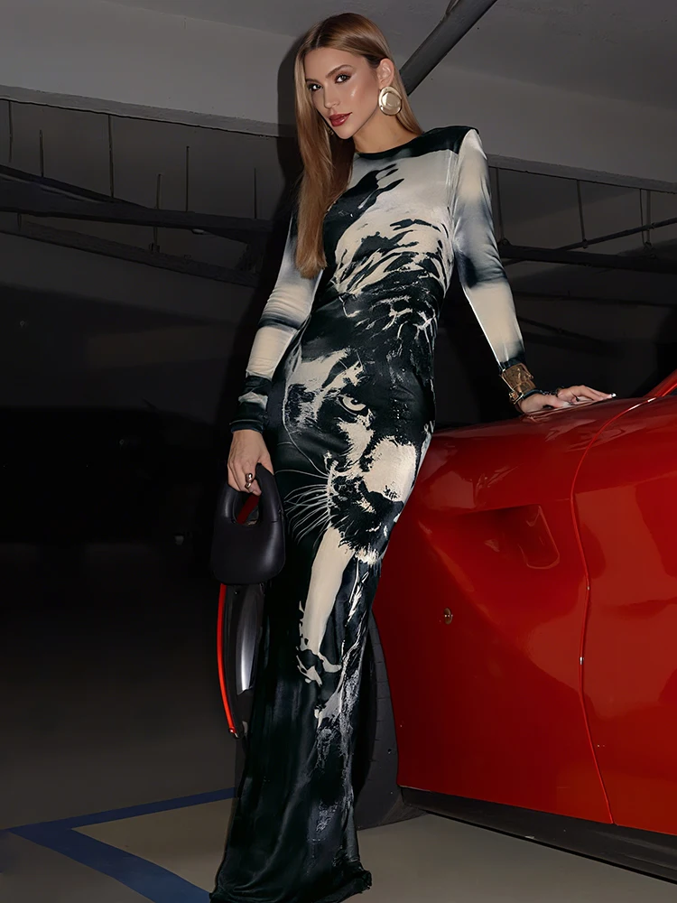 

kliou Tiger Printed Women Maxi Dress Stunning Unique Full Sleeve Crew Neck Body-shaping Long Robe Female Attractive Party Frock