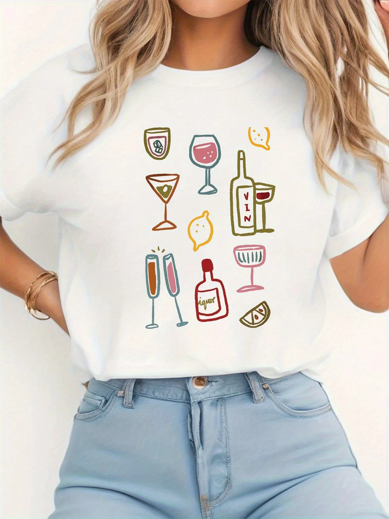 Manga para mujer, cuello redondo, surtido de copas de cóctel de vino, estampado, diseño de dibujos animados vibrantes, tela transpirable de estiramiento medio para primavera