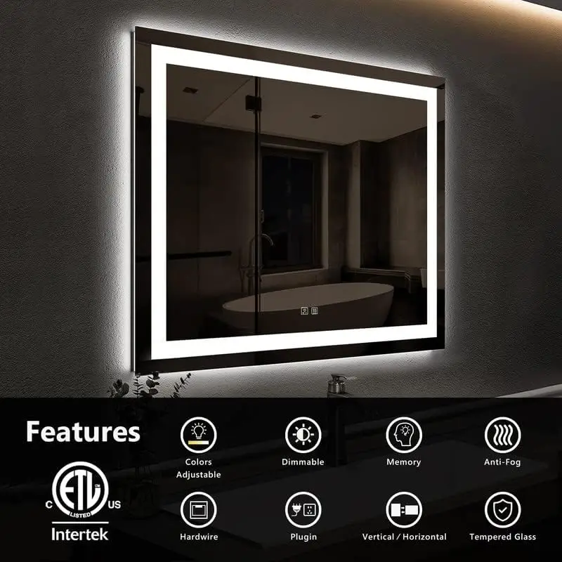 30 * 30 Inch Led Bathroom Mirror with Lights,Smart Dimmable Vanity Mirrors for Wall Anti-Fog Backlit Lighted Makeup Mirror