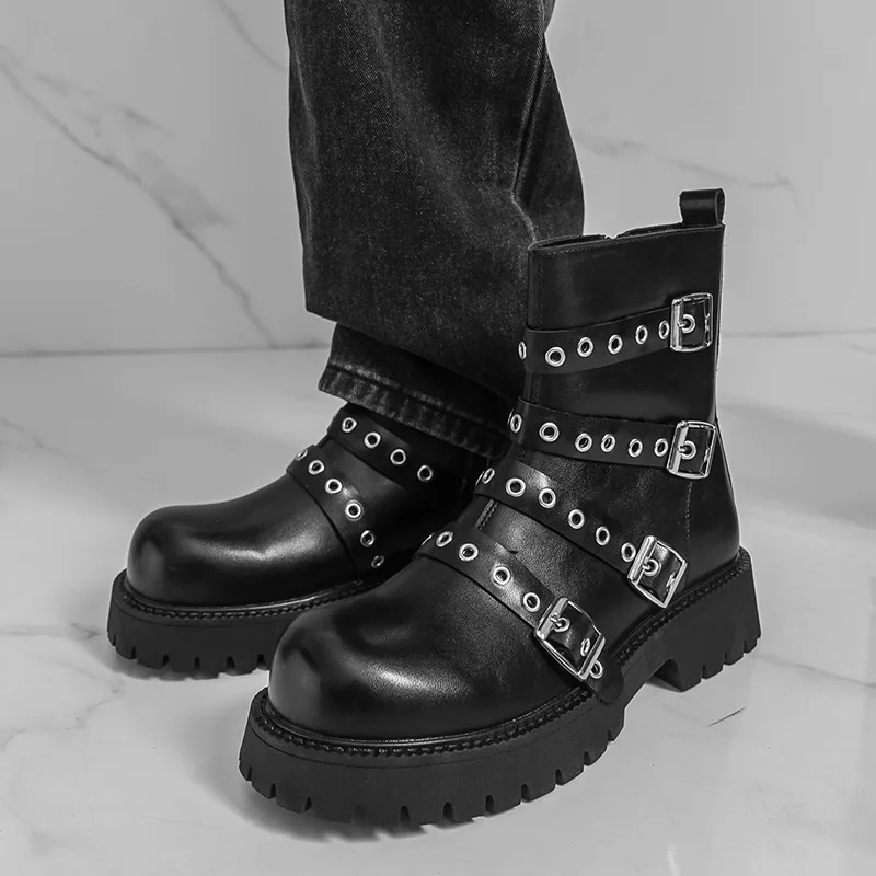 Men's leather boots with belt buckles, round-toed ankle boots, large-sized thick-soled height-increasing men's boots