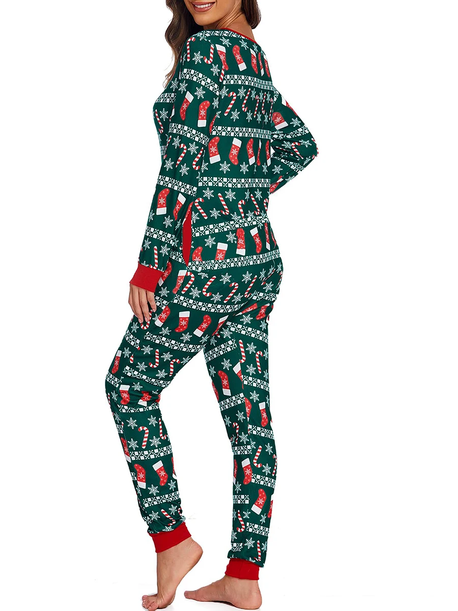 ZIYIXIN Women s Christmas Pajamas Long Sleeve V-Neck Printed Romper Loose Detachable Crotch Elastic Christmas Jumpsuits