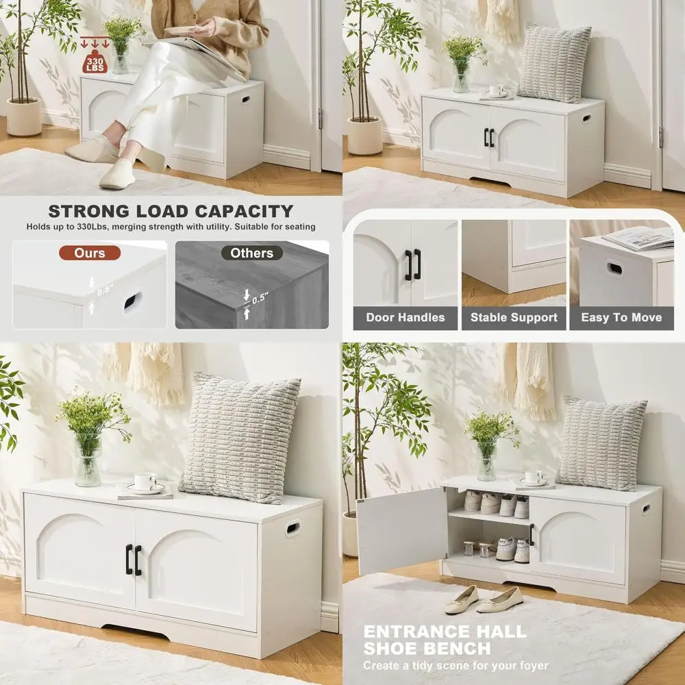 

2-уровневая белая скамья для хранения вещей, ширина 39,4, вмещает 330 фунтов, идеально подходит для прихожей, гостиной и прихожей.