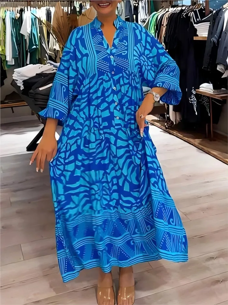 

Casual Print Loose Dresses Fashion V-neck Three-quarter Sleeve Single Breasted Large Hem Dress Spring Summer New Women Clothing