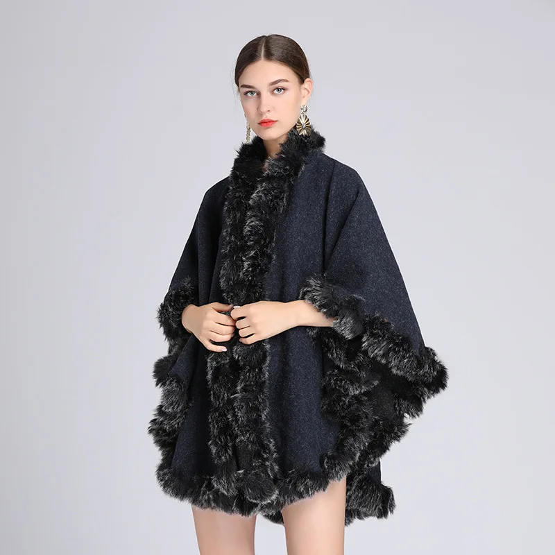 

Autumn Winter New Style Two Sides Can Wear Imitation Wool Collar Fashionable High-end Leisure Poncho Lady Capes Blue Cloaks