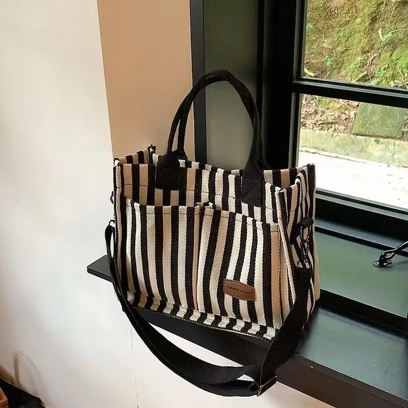 

Large Striped Canvas Tote Bag, Fashion Crossbody Shoulder Bag for Women, Casual Commuter Handbag Purse for Work Everyday