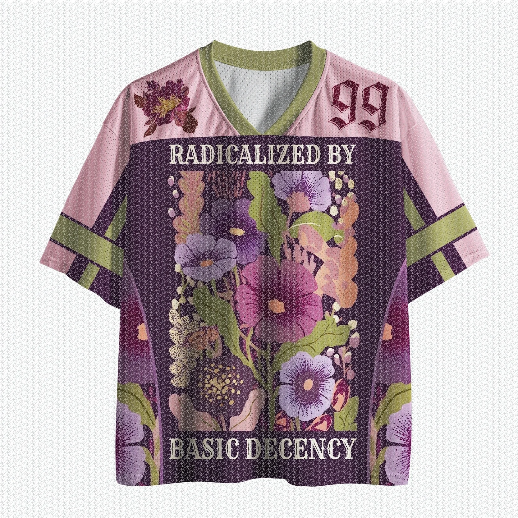 V-neck Sports Shirt Full Print Retro Wildflower Bouquet Gothic Letter Pattern Short Sleeved Retro Street Football T-shirt