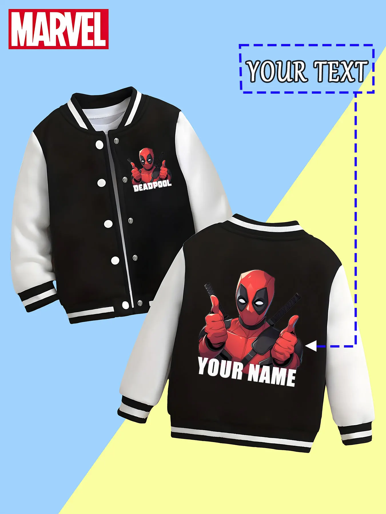 

MINISO Marvel Boys Baseball Jacket - Deadpool's fun image print, lively style, perfect for spring and autumn casual wear, suitab