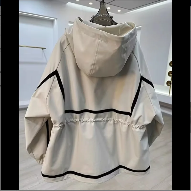 Damska kurtka z kapturem, kontrastowe przeszycia, nowość na wiosnę i jesień 2025, luźny krótki trencz z paskiem w talii, odzież wierzchnia.