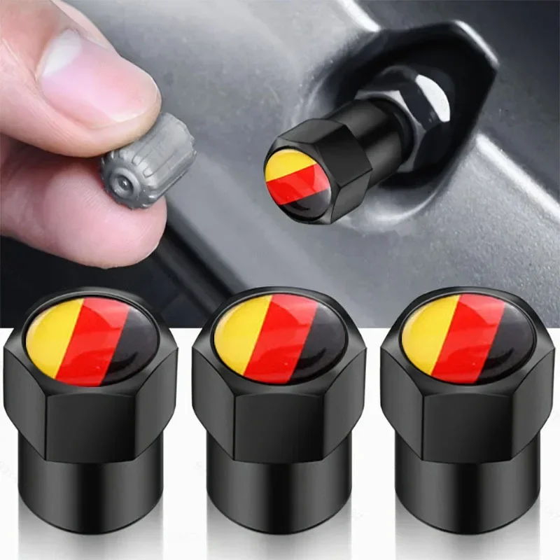4pcs Aluminum Tire Valve Caps, Dust-Proof Sealed Valve Cap Set with German Flag Design for Car, Bicycle & Truck