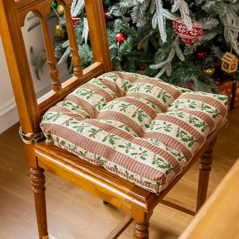Christmas Seat Cushion with Straps Dining Chair Pad Horseshoe-shaped Seat Pad Holiday Party Decoration Christmas Supplies