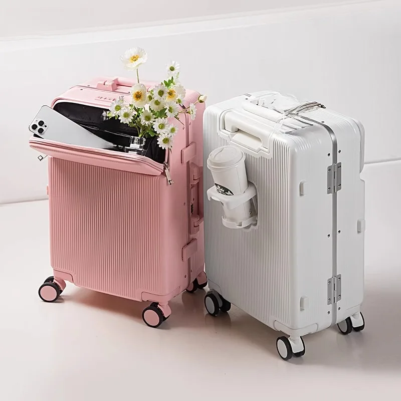 28inch New Front Opening Aluminium Frame Rolling Luggage Universal Wheels Trolley Case Suitcase with Cup holders Travel Products