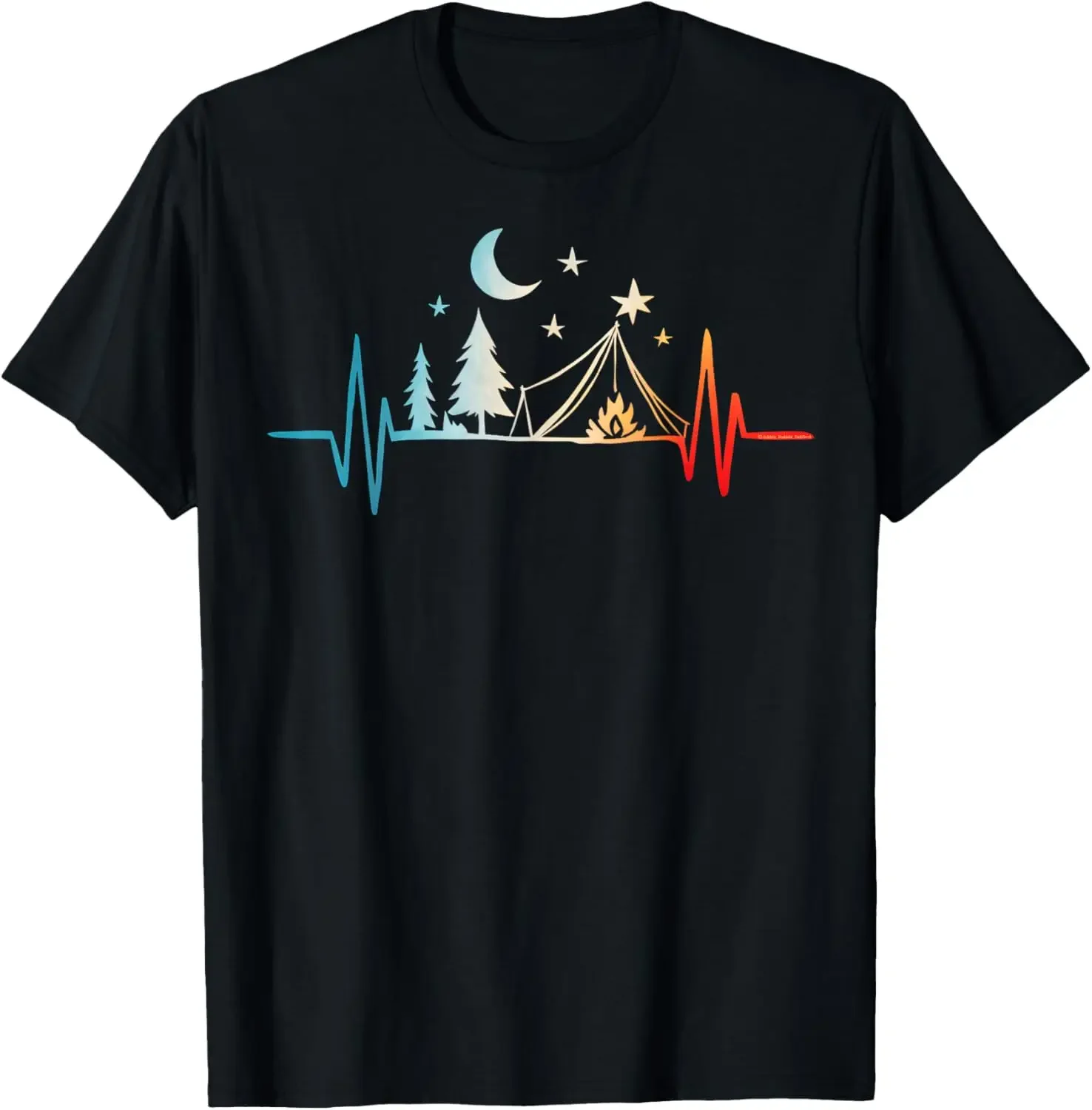 

Camping Heartbeat T-Shirt Retro Forest Night Sky Graphic Tee Breathable Summer Trip T-Shirt