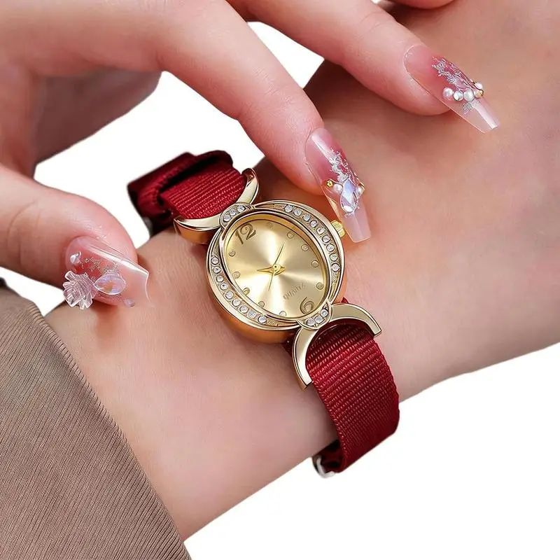 Fashion Trendy Women's Quartz Watches Casual Ladies Watch Simple Nylon Strap Rhinestone Decorated Female Student Wristwatches