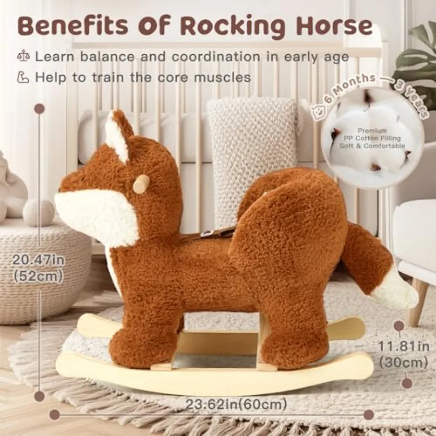 Koń na biegunach dla niemowląt, koń na biegunach w kształcie brązowo-czerwonego lisa z pasem bezpieczeństwa, pluszowy konik na biegunach dla dzieci, pluszowa zabawka na biegunach dla dzieci
