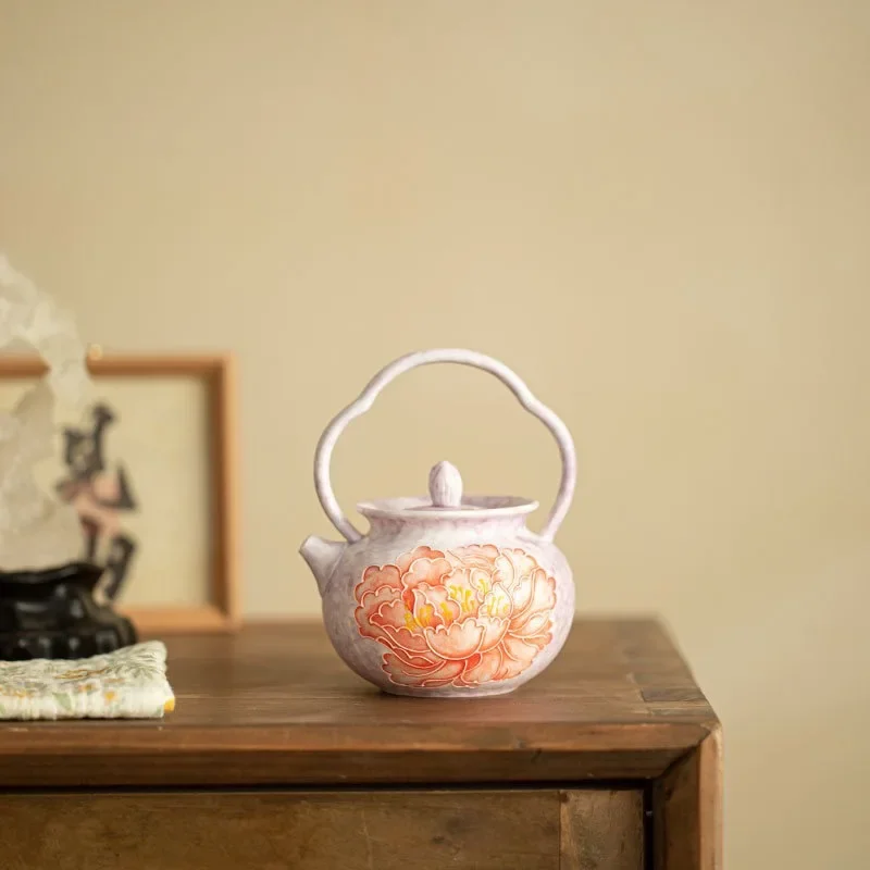 Rock Mine White Hand-painted Peony Flower Ceramic Teapot Small Lifting Beam Pot 1 Person Drinking TeaSet Ball Hole Filter TeaSet