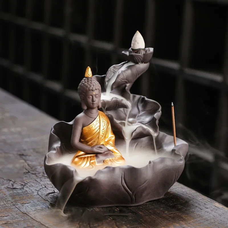 Creative Purple Clay Zen Buddha Backflow Incense Burner Lotus Incense Stick Holder, Aromatherapy Home Decor Censer - No Incense